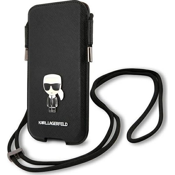 CG MOBILE KARL LAGERFELD SAFFIANO IKONIK KARLS tok álló, bőr hatású, POUCH (univerzális, 6.7" méret, nyakba akasztható) FEKETE (KLHCP12LOPHKMK)