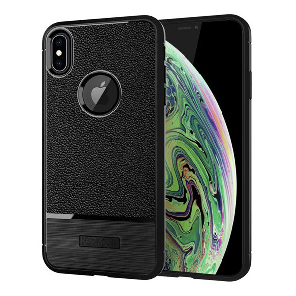 Szilikon telefonvédő (közepesen ütésálló, bőr hatású, szálcsiszolt, logo kivágás) FEKETE [Apple iPhone XS Max 6.5] (5996457823765)