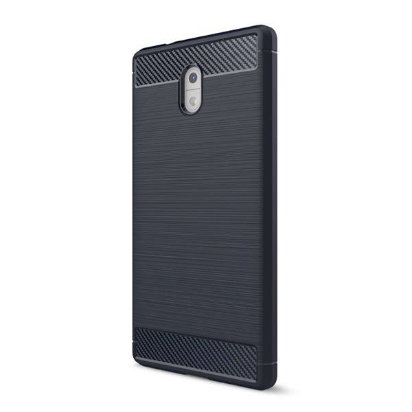 Szilikon telefonvédő (közepesen ütésálló, légpárnás sarok, szálcsiszolt, karbon minta) SÖTÉTKÉK [Nokia 3] (5996457700844)