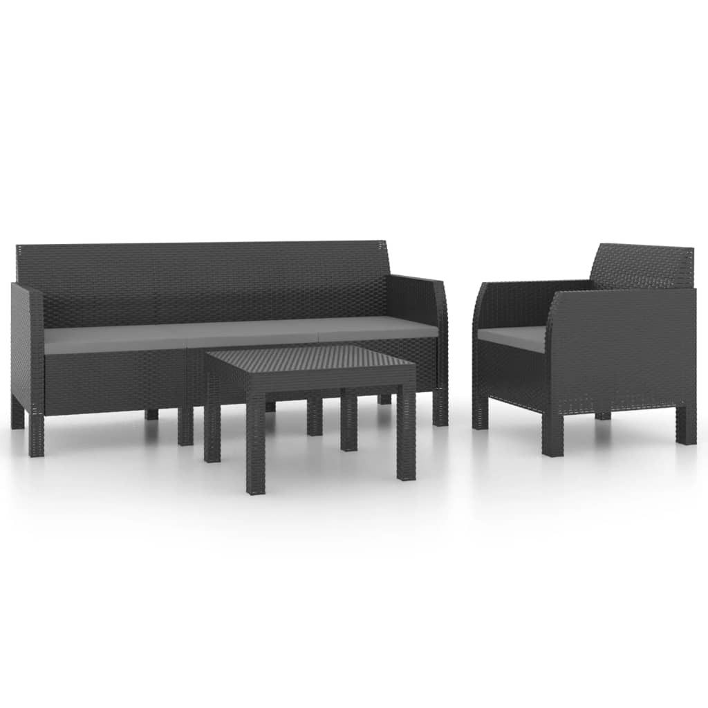 3 részes antracit PP rattan kerti bútorgarnitúra párnákkal (3079678)