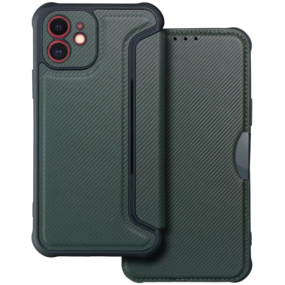 Samsung Galaxy S24 SM-S921, Oldalra nyíló tok, légpárnás sarok, bőrhatású, karbon minta, Razor Book, zöld (TS1479)