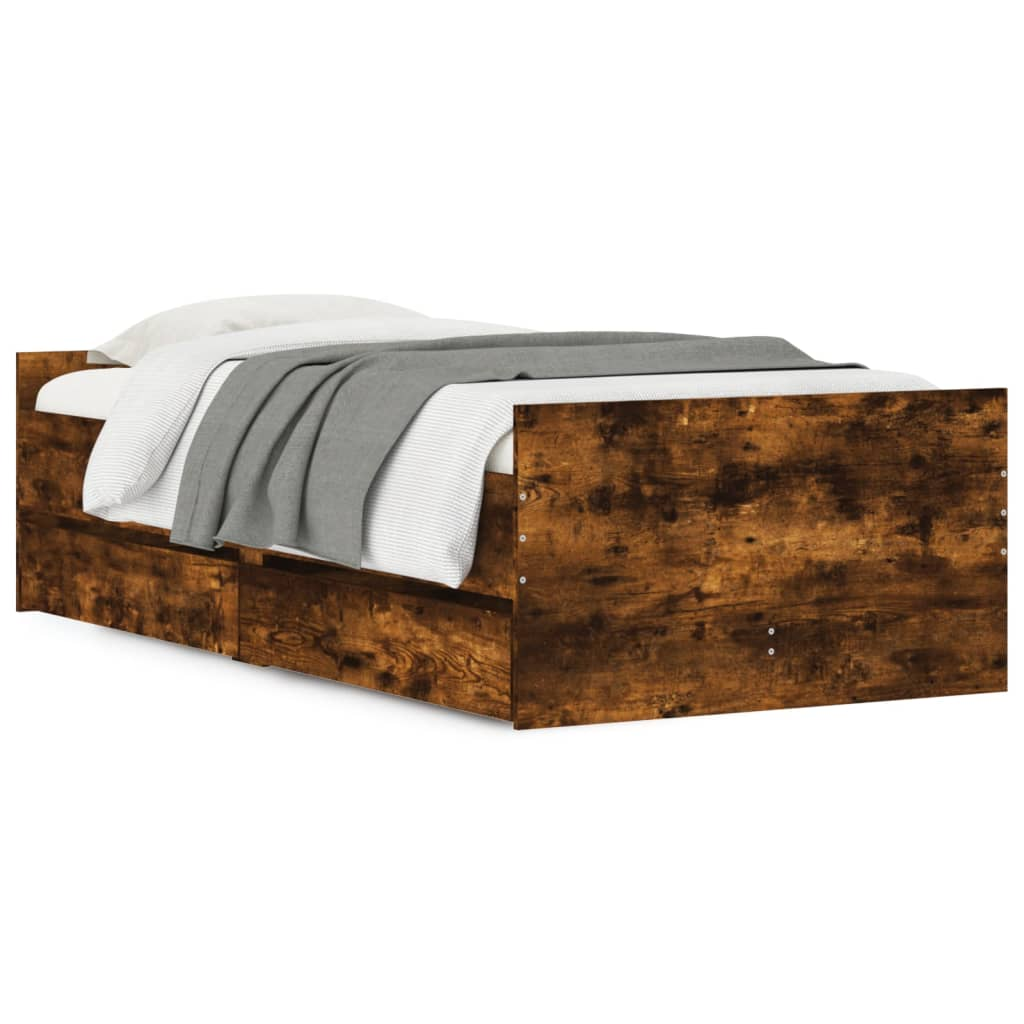 füstös tölgyszínű műfa ágykeret fiókokkal 90 x 190 cm (3207382)