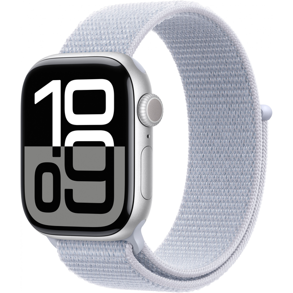 Apple Watch Series 10 GPS + Cellular 42 mm сребрист алуминиев корпус със син спортен каишка