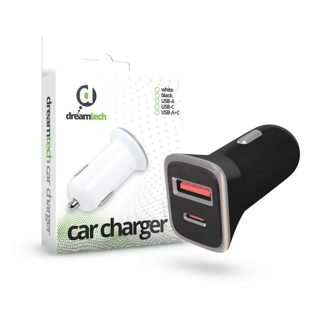 Dreamtech PD 18W, autós töltő, Type-C + USB A, fekete (124334) (DR124334)
