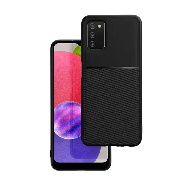 Műanyag telefonvédő (szilikon keret, közepesen ütésálló, beépített fémlemez, bőr hatású hátlap, csíkos minta) FEKETE [Samsung Galaxy A03s (SM-A037F)] (5996591151649)