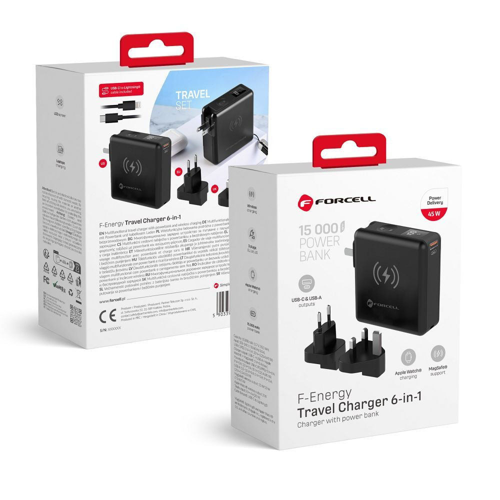 FORCELL F-Energy E856 multifunkcionális wireless töltő / powerbank, USB-A-USB-C, 45W, 15000mAh, fekete (5903396375378)