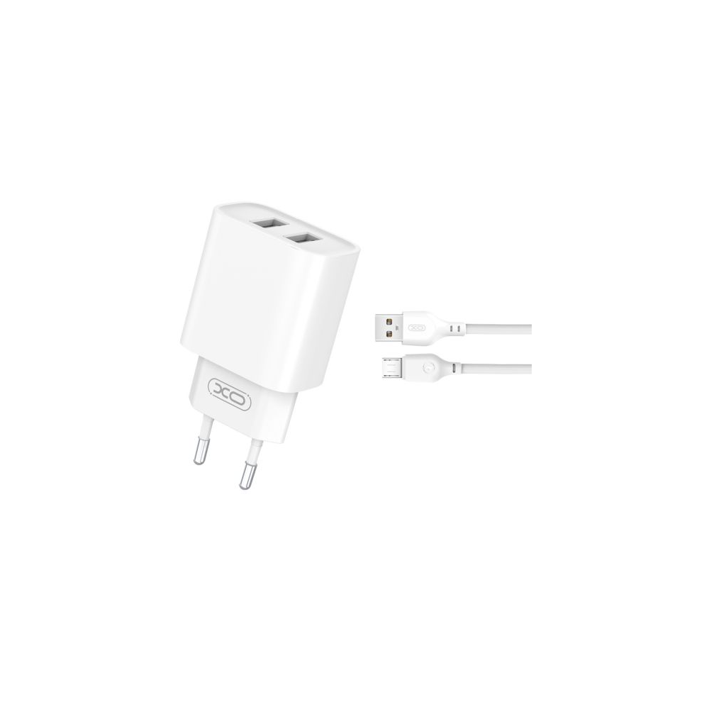 XO CE02C 2x USB Type-A Hálózati töltő + Micro USB kábel - Fehér (5V / 2.1A) (CE02CMICRO)