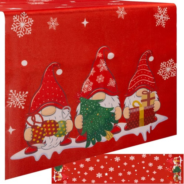 Vánoční běhoun na stůl RUHHY 180x40 cm Červený Skřítci a Sněhové Vločky
