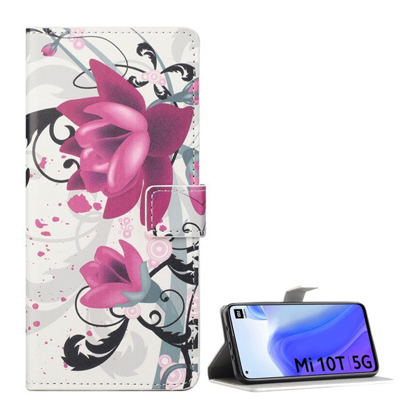 Tok álló, bőr hatású (FLIP, oldalra nyíló, asztali tartó funkció, lótuszvirág minta) FEHÉR [Xiaomi Mi 10T Pro 5G] (5996591020358)