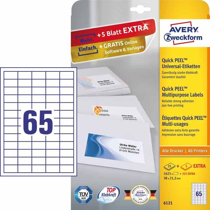 Avery-Zweckform 6121 Univerzális etikett 38 x 21.2 mm Papír Fehér 1950 db Véglegesen tapadó Tintasugaras nyomtató, Lézernyomtató, Színes (6121)
