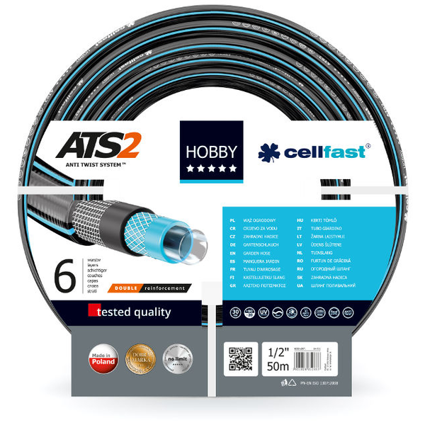 Градински маркуч с 6 слоя Cellfast HOBBY, 1/2", Армиран, 25 м дължина, UV защита, Против усукване