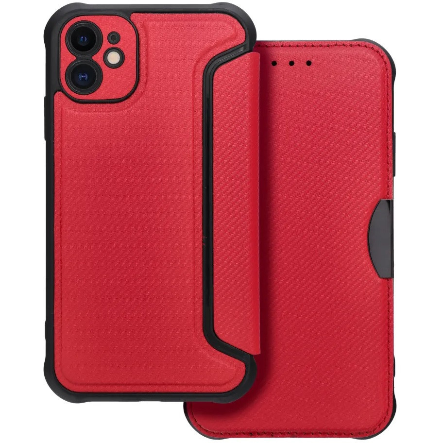 Xiaomi Redmi 13C 4G / Poco C65, Oldalra nyíló tok, légpárnás sarok, bőrhatású, karbon minta, Razor Book, piros (5903396321306)