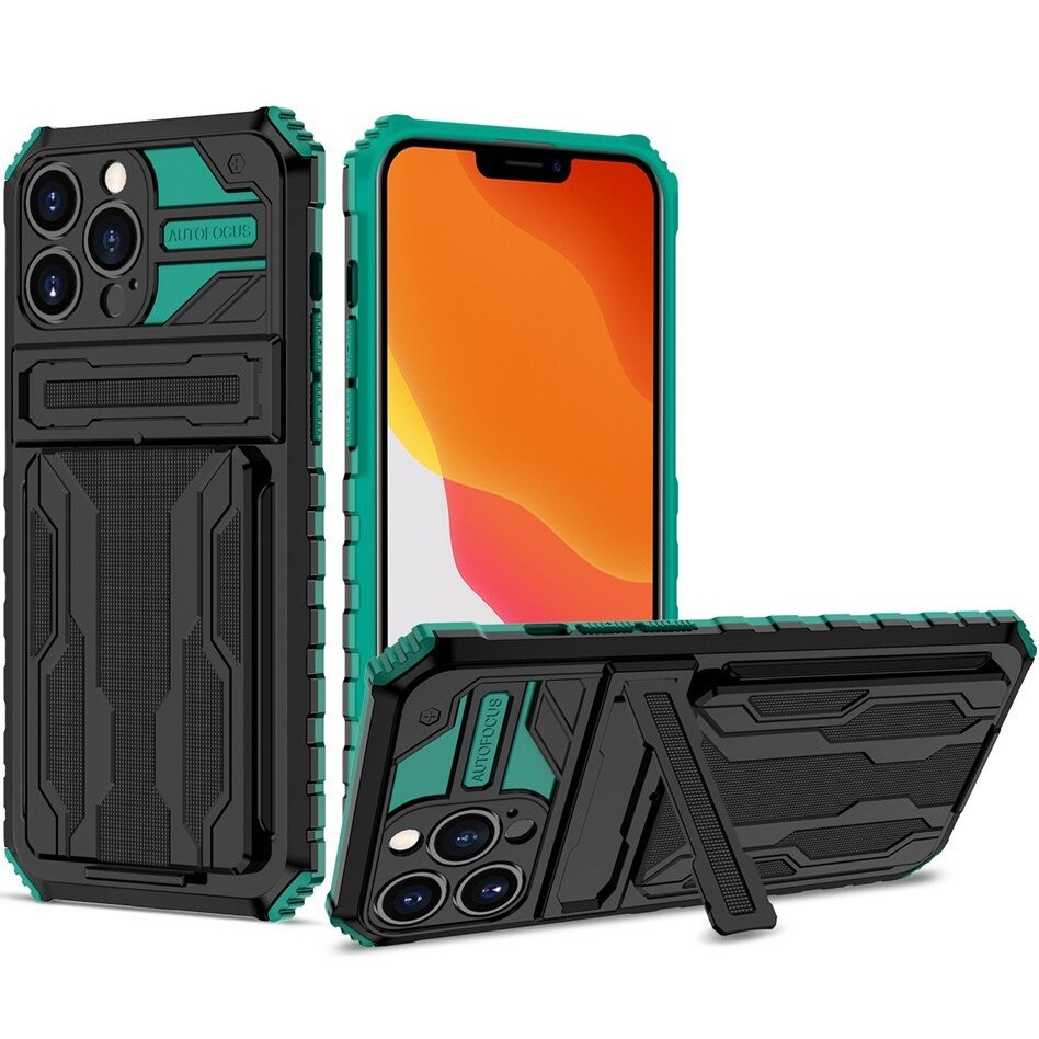 Samsung Galaxy A13 5G / A04s SM-A136U / A047F, Műanyag hátlap védőtok szilikon belső, közepesen ütésálló, kitámasztóval, kártyatartóval, Wooze Transformer, fekete/zöld (127878)