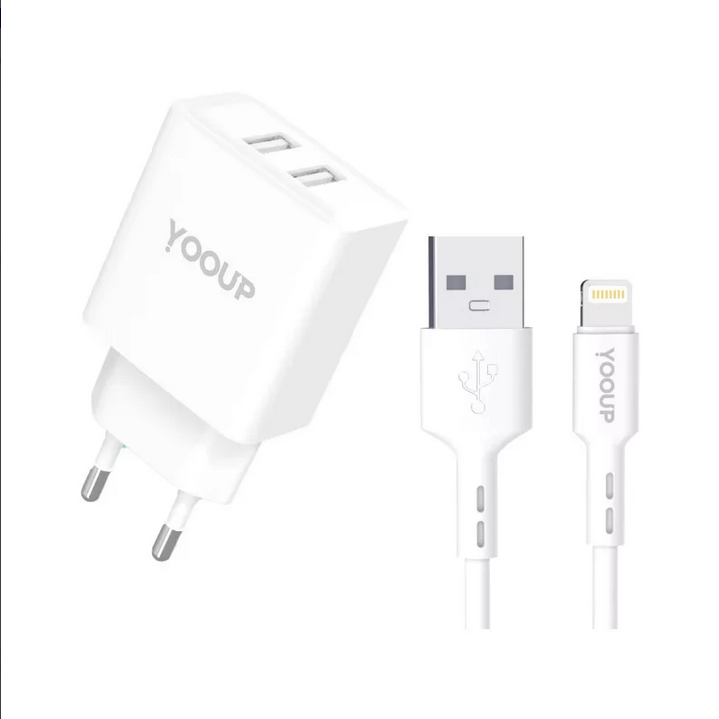 Yooup NC76-B 2x USB-A Hálózati Töltő Adapter 12W + Lightning kábel - Fehér (NC76-B + NB36-5G-1M)