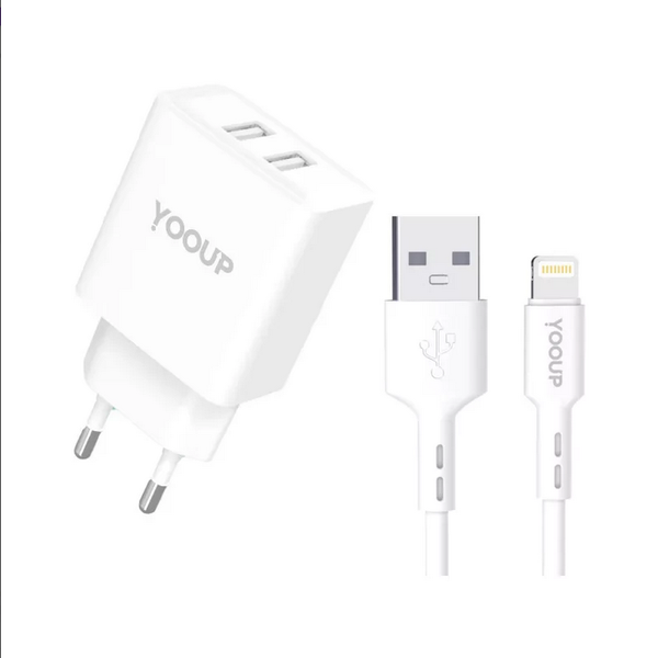 Yooup NC76-B 2x USB-A Hálózati Töltő Adapter 12W + Lightning kábel - Fehér