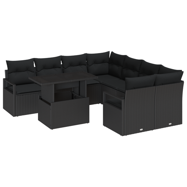 Set de Canapea pentru Grădină cu 9 Piese cu Perne Ratan Poly Negru