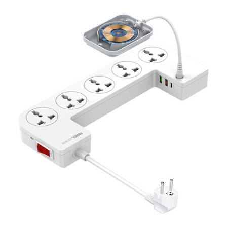 LDNIO SN5309W elosztó 5x EU aljzat + 3x USB + vezeték nélküli töltő fehér 2m (SN5309W)