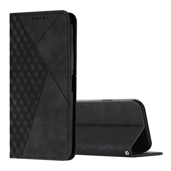 gigapack Tok álló, bőr hatású (FLIP, oldalra nyíló, asztali tartó, 3D rombusz, prémium) FEKETE Xiaomi Poco F6 " csomagolás" (GP-158660)