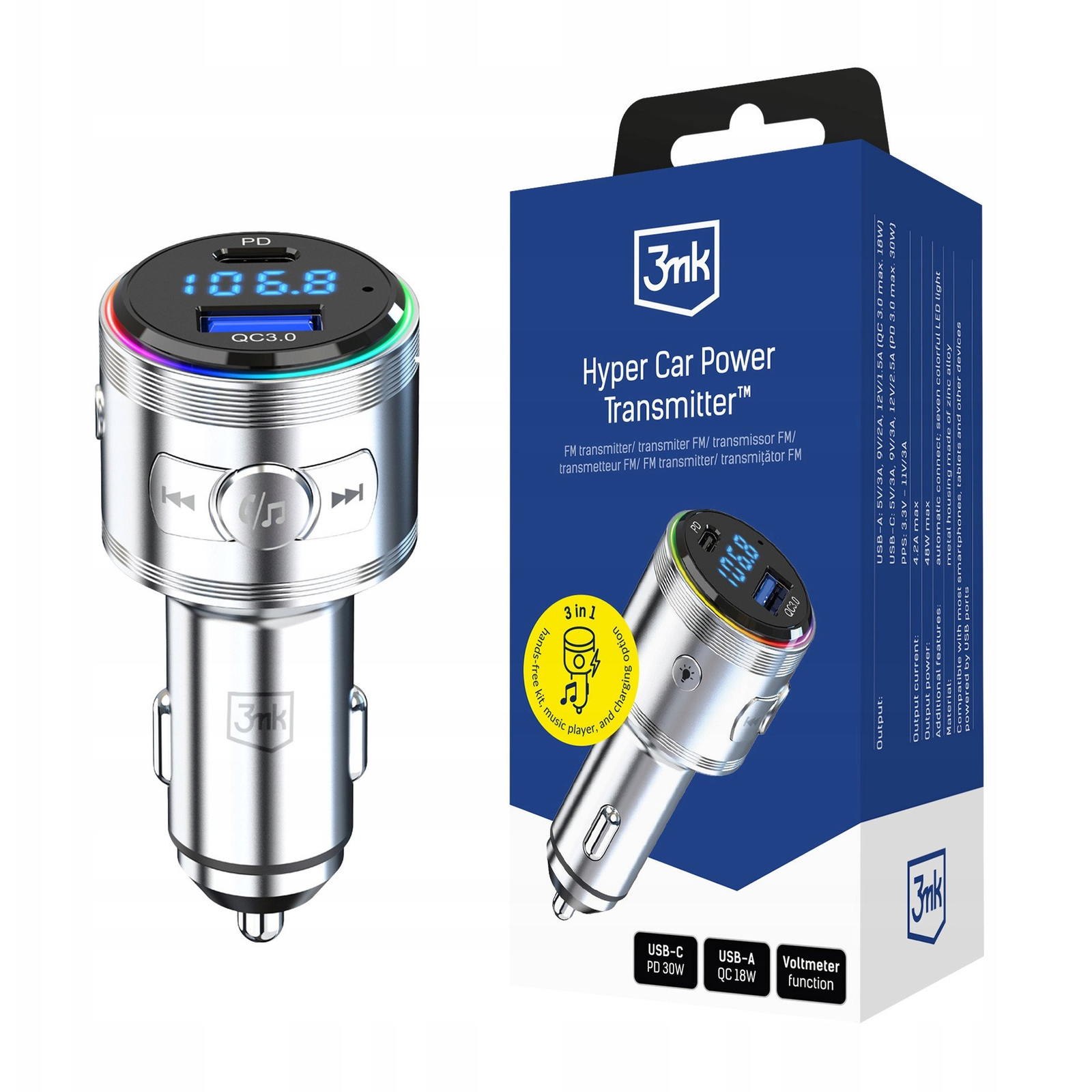 3MK Hyper Car Power Transmitter 48W autós töltő és FM adó (5903108636247)