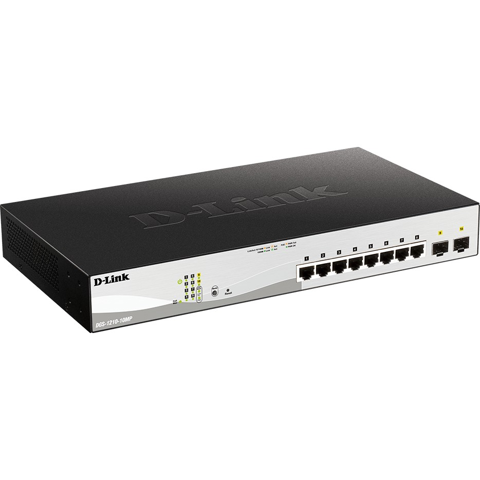 D-Link 10-Port Layer2 PoE+ Smart Managed Gigabit Switch8 x 10/100/1000Mbit/s TP (RJ-45) PoE Port, Port 1-8 802.3at Power-over-Ethernet bis 30 Watt Leistung pro Port2x 100/1000Mbit/s SFP Slot802.3x Flow Control, 802.3ad Link Aggregation und statische Trunk