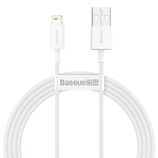USB кабел за зареждане и данни, Lightning, 150 cm, 2400 mA, със защита срещу счупване, бързо зареждане, PD, Baseus Superior, CALYS-B02, бял (RS122036)