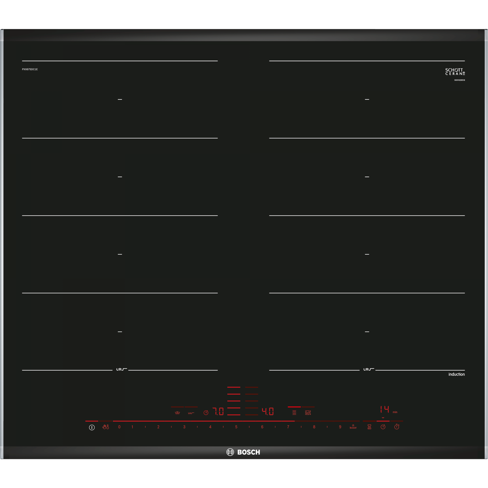 Bosch PXX675DC1E főzőlap Fekete, Rozsdamentes acél Beépített Zónás indukciós főzőlap 4 zóna (PXX675DC1E)