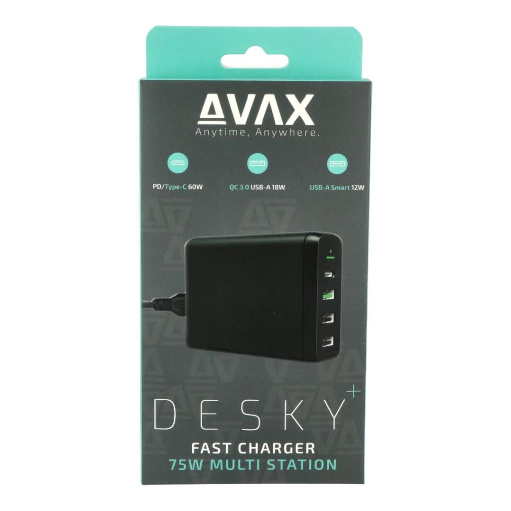 AVAX DC611 DESKY+ 75W gyorstöltő elosztó PD 60W, QC 3.0 18W, 2xUSB-A 12W (DC611)