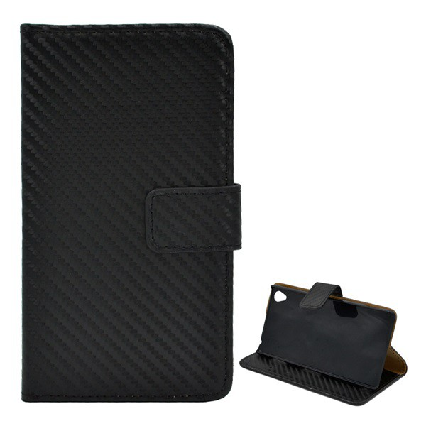 Tok álló, bőr hatású (FLIP, oldalra nyíló, asztali tartó funkció, karbon minta) FEKETE [Sony Xperia Z3 (D6653)] (5996457496082)