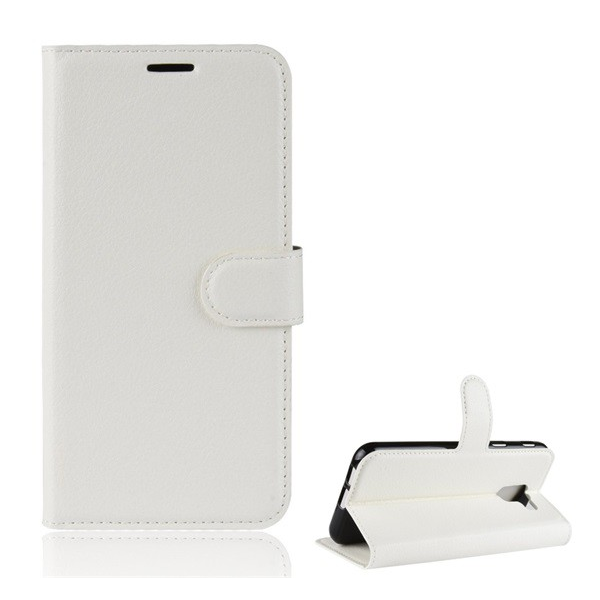 Калъф за телефон стоящ, кожен ефект (обърнат, странично отваряне, функция за държач на настолен компютър) Бял [Samsung Galaxy J6 (2018) J600F]