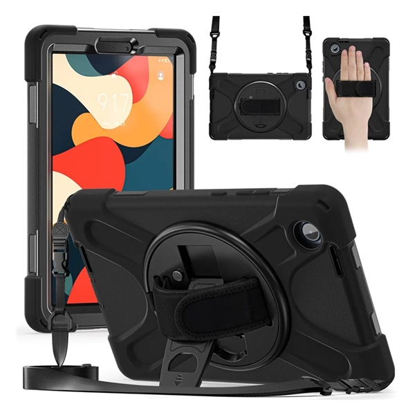 Defender műanyag telefonvédő (ütésállóság, kitámasztó, 360° + kézpánt, vállpánt) FEKETE Lenovo Tab One (TB-305FU) "Gigapack csomagolás" (GP-172691)