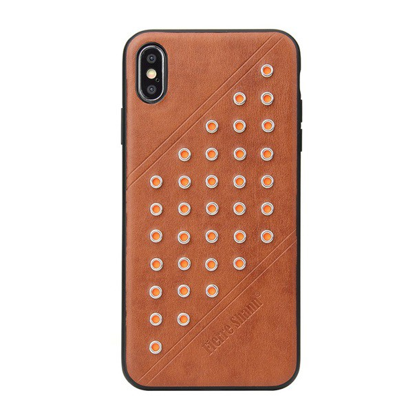 FIERRE SHANN műanyag telefonvédő (bőr hatású hátlap, szegecses) BARNA [Apple iPhone XS Max 6.5]