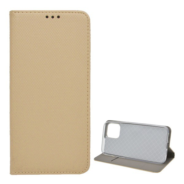 Калъф за мобилен телефон Gigapack стоящ, кожен ефект, флип, странично отваряне, настолен държач, диамант, злато, съвместим: Apple iPhone 12 Pro Max