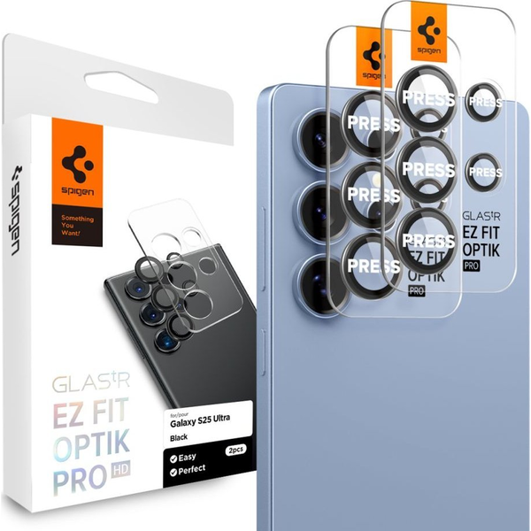Комплект стъклени протектори за камера 2x5 Spigen Optik Pro EZ FIT HD, съвместими с Samsung Galaxy S25 Ultra Black