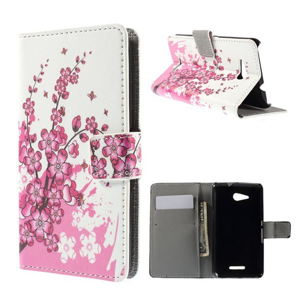 Tok álló, bőr hatású (FLIP, oldalra nyíló, asztali tartó funkció, virág minta) FEHÉR [Sony Xperia E4g (E2003)] (5996457547951)