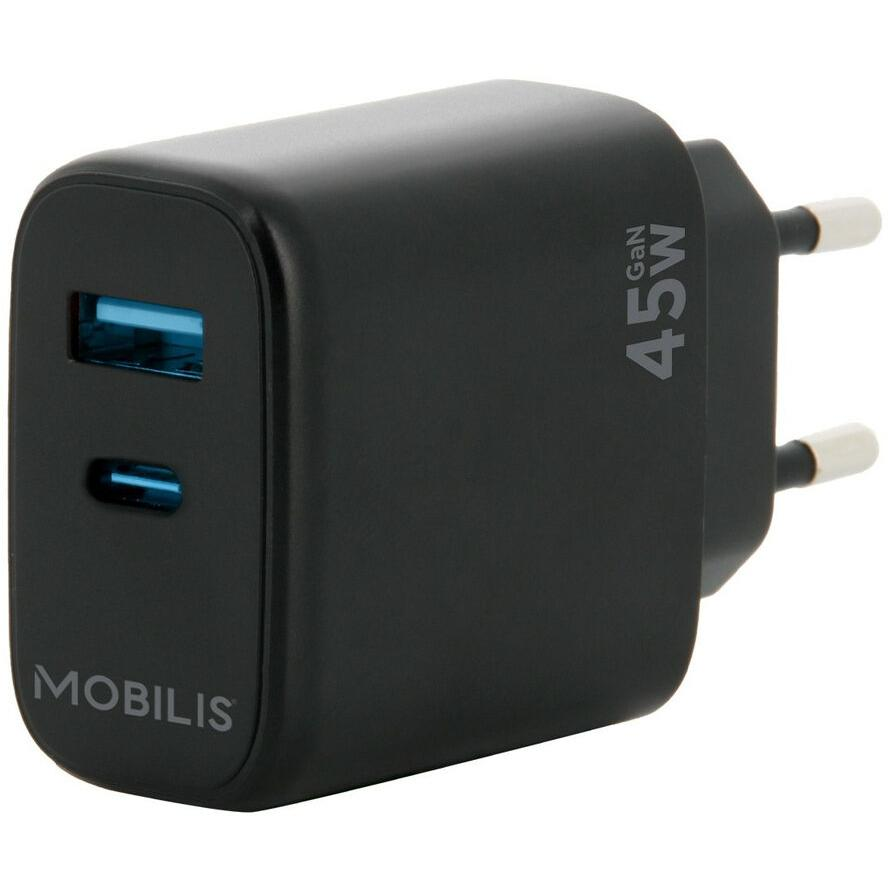 MOBILIS Fast Wall Charger GaN - 45W - USB-C + USB-A for for Laptop Tablet & Smartphone fekete (001363)