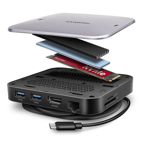 Axagon HMC-UFO USB-C Hub M.2 SATA/NVMe 1 Gbit/s Ethernet 384 kHz Audio Жичен USB 3.2 Gen 2 (3.1 Gen 2) Type-C Черен
