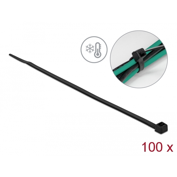 Delock Kábelkötöző ellenáll a hideg hőmérsékletnek hossza 300 x szélessége 4,8 mm, 100 db. Fekete (19202)