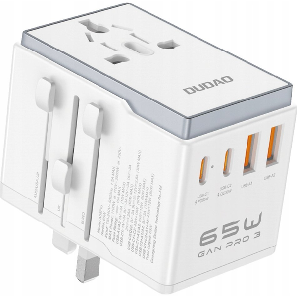 Dudao A65Pro 65 W EU/US/JP/AUS/UK utazó adapter 2x USB-C 2x USB-A - Fehér