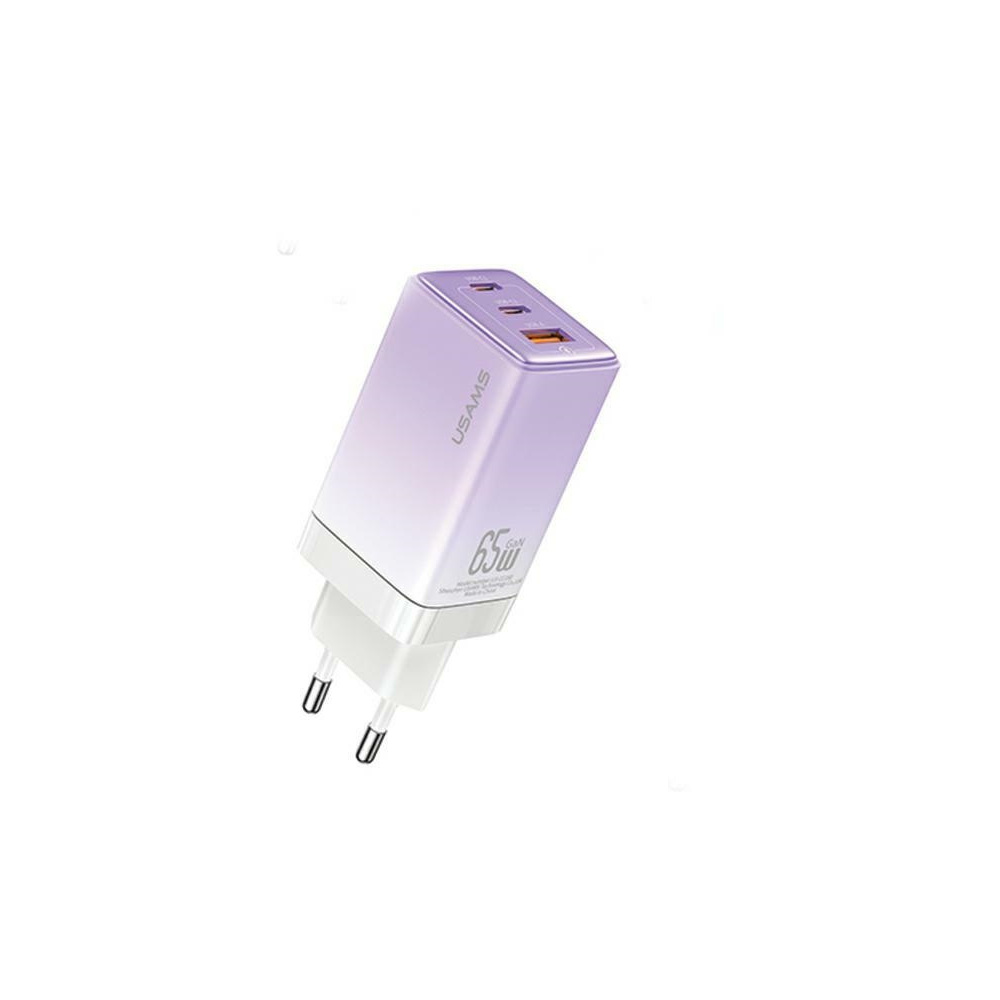 USAMS Sandru 2x USB-C / USB-A Hálózati töltő - Lila (65W) (CC180TC03)