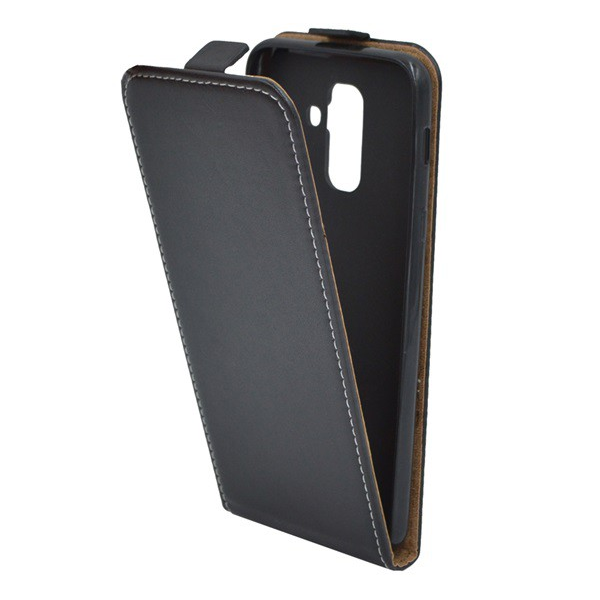 Tok álló, bőr hatású (FLIP, lefelé nyíló, szilikon tartó) FEKETE [Samsung Galaxy A6+ (2018) SM-A605F] (5996457766598)