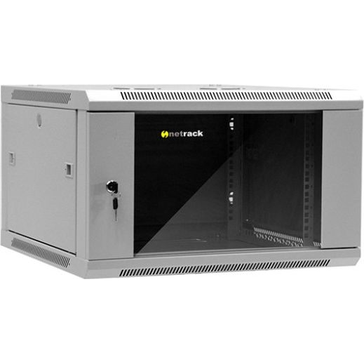 Стенен шкаф със стъклена врата и подвижна страна, Netrack, 6U/600 mm, 19", сив