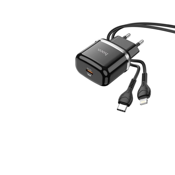 HOCO N24 USB-C Hálózati töltő + Lightning kábel - Fekete (20W) (N24LIGHTNING)