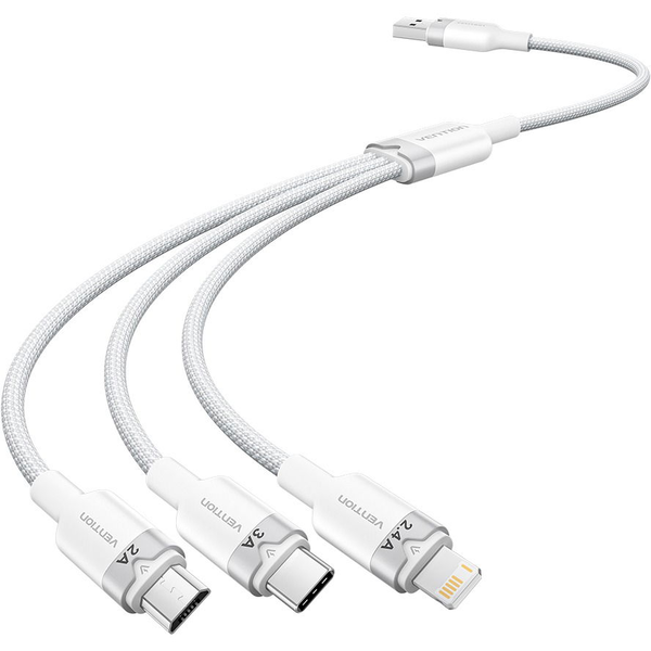 Vention USB 2.0 A Male to 3-in-1 USB-C &amp; Lightning &amp; Micro-B Male 3A Cable 1.5M White Aluminum Alloy