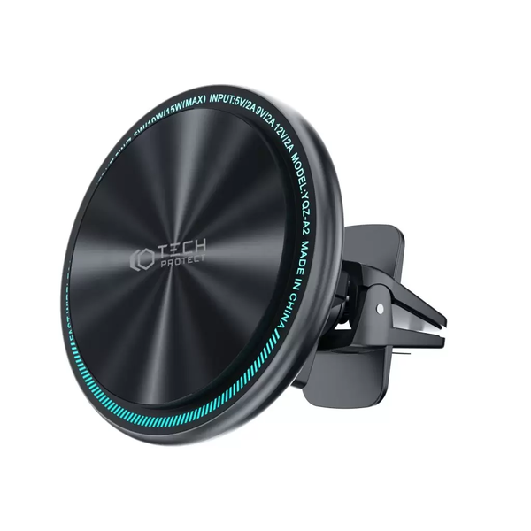 Магнитна поставка за кола Tech-Protect A2, AirVent Mount, Съвместима с MagSafe, Безжично зареждане 15 W, Включен USB-C кабел, Черен