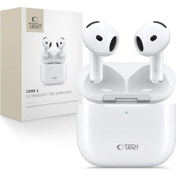 Безжични слушалки Tech-Protect UltraBoost TWS Earphone Core 2, бели, комплект със станция за зареждане и USB-C кабел, 3.5-4h автономност