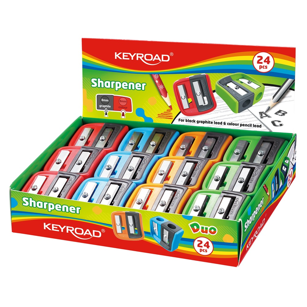 Keyroad Hegyező, 2 lyukú, 24 db/display,  Dou-Power, vegyes színek (KR972265)