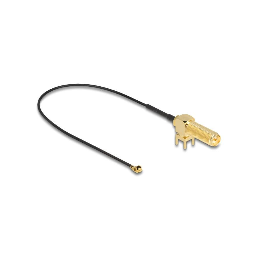 Delock Antenna kábel RP-SMA 90 PCB anya válaszfali csatlakozóval apa I-PEX Inc., MHF I-dugó 1.13 25 cm menethossz 15 m (12036)