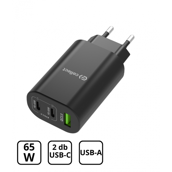Hálózati gyorstöltő adapter 65W USB-A és C csatlakozóval, Fekete