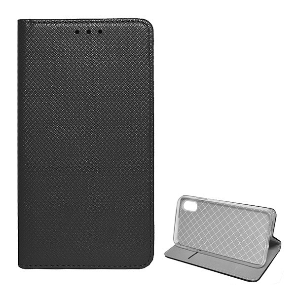 Tok álló, bőr hatású (FLIP, oldalra nyíló, asztali tartó funkció, rombusz minta) FEKETE [Apple iPhone XS 5.8] (5996457746378)