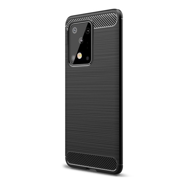 Szilikon telefonvédő (közepesen ütésálló, légpárnás sarok, szálcsiszolt, karbon minta) FEKETE [Samsung Galaxy S20 Ultra 5G (SM-G988B)] (5996457929696)